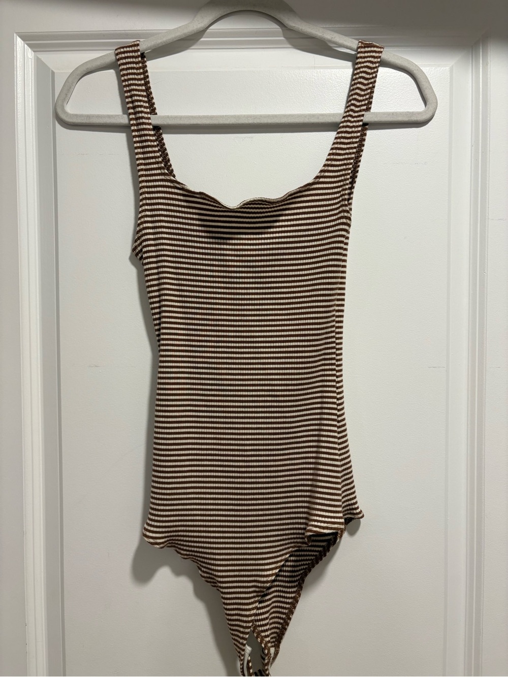 Reformation Brown and White Striped Ribbed Tank Bodysuit